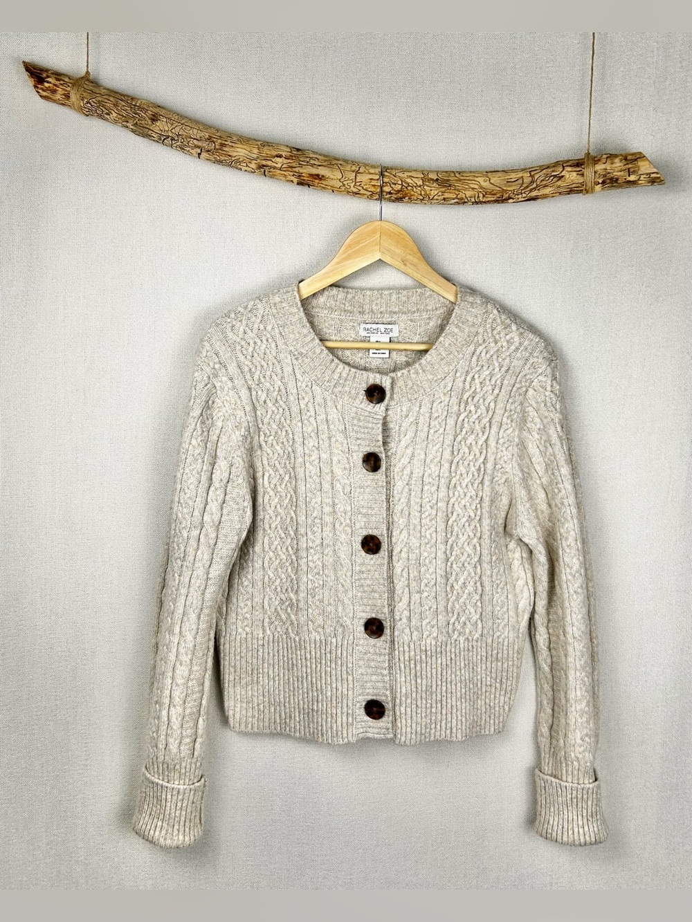 Rachel Zoe Cable Knit Cardigan Sweater Large Neutral Cropped Button Front Cozy